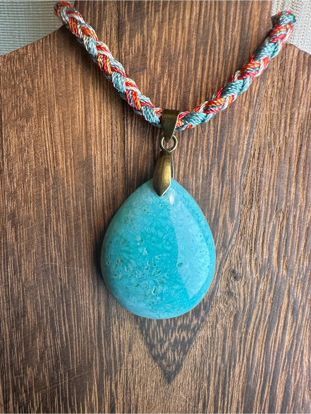 Handcrafted Green Coral Fossil Teardrop Pendant Necklace on Multicolor Rope - Picture 6 of 15